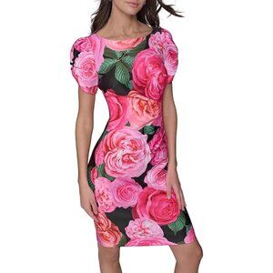Karl Lagerfeld pink rose ruched scuba dress with puff sleeves 6 NWT